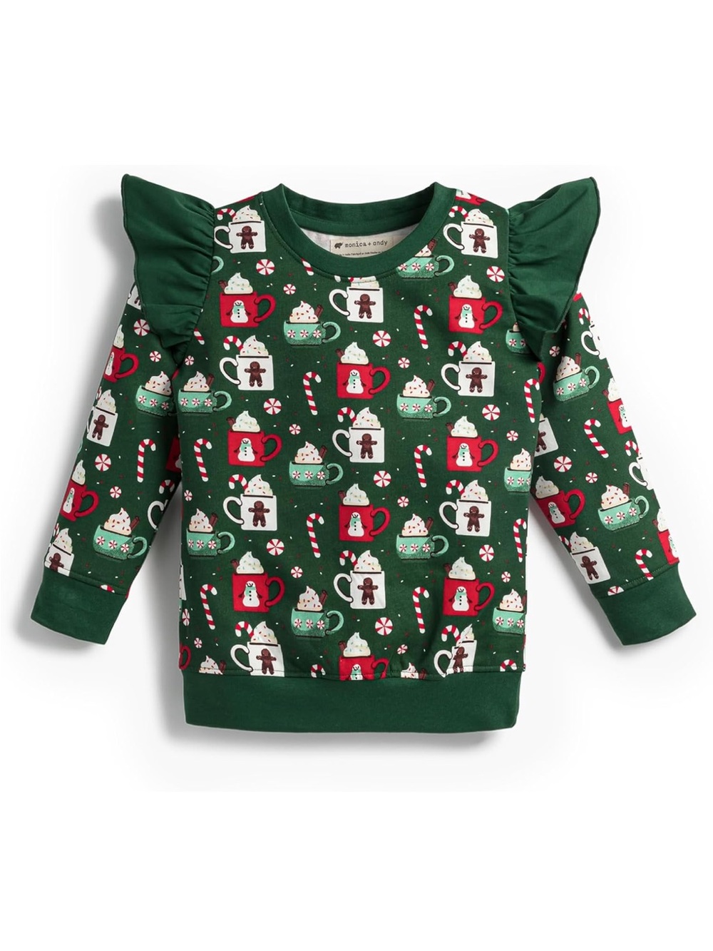 Girls' Green Holiday Ruffle Shoulder Sweatshirt with Cocoa Print